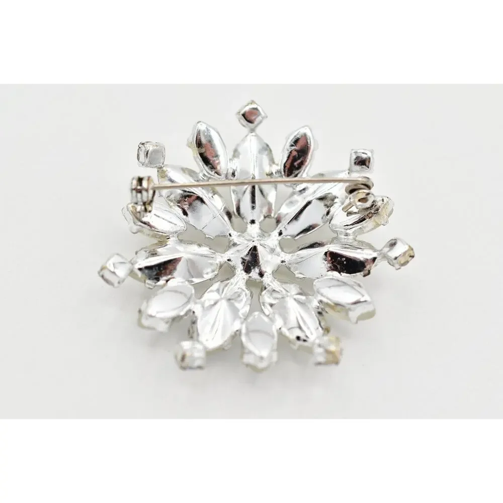 Vintage Crystal Flower Pin Brooch Frosted AB Rhinestone Prong Silver 1990s BinBG